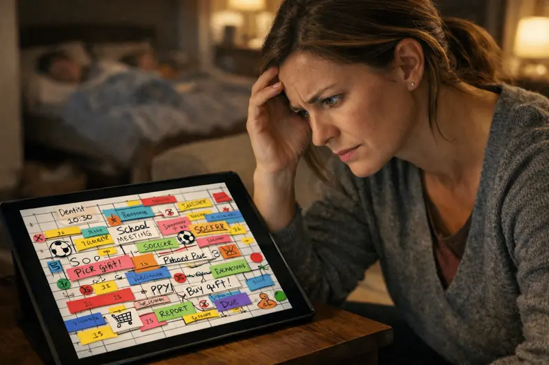 Eine Frau schaut besorgt auf einen Tablet-Bildschirm mit einem chaotischen, bunten Kalender, perfekt für das Thema Familienplanung und Terminverwaltung. Eine Frau schaut besorgt auf einen Tablet-Bildschirm mit einem chaotischen, bunten Kalender, perfekt für das Thema Familienplanung und Terminverwaltung.
