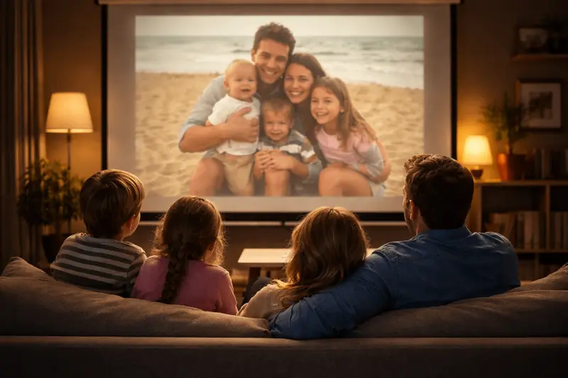 Familie sitzt auf Couch und schaut gemeinsam auf einen Bildschirm mit Familienfoto vom Strand Familie sitzt auf Couch und schaut gemeinsam auf einen Bildschirm mit Familienfoto vom Strand