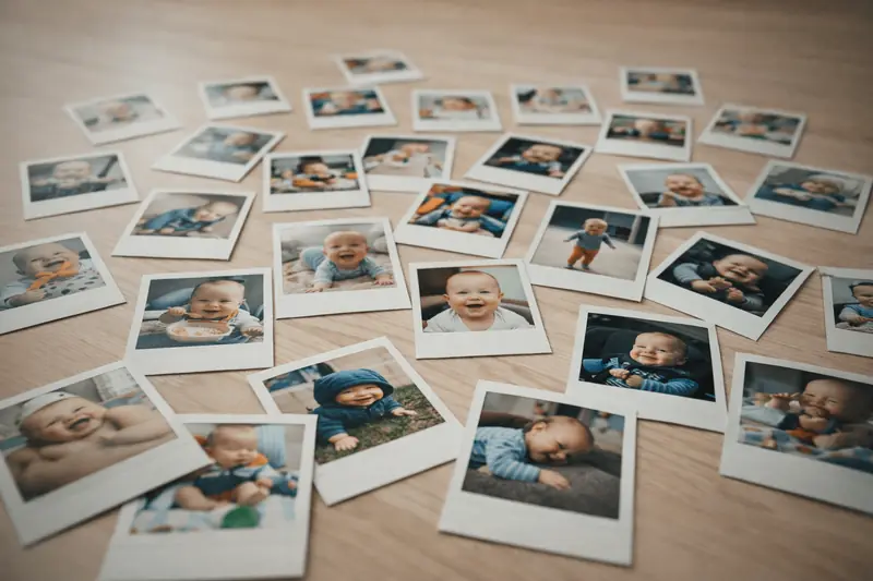 Polaroid-Fotos von Babys auf einem Holztisch - Magische Momente der Kindheit festhalten Polaroid-Fotos von Babys auf einem Holztisch - Magische Momente der Kindheit festhalten