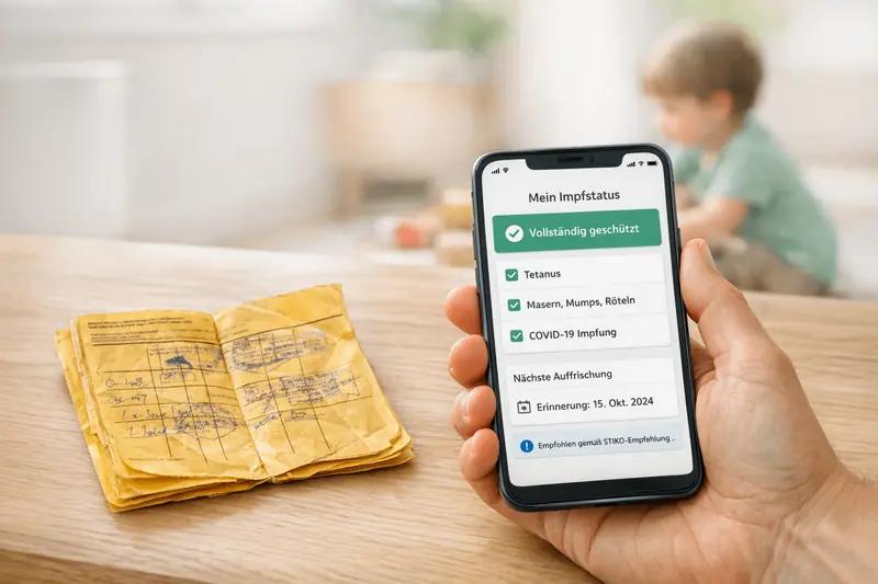 Hand hält ein Smartphone mit digitaler Impfdatenbank und grünem Impfstatus-Häkchen neben einem gelben Papier-Impfpass auf einem Holztisch Hand hält ein Smartphone mit digitaler Impfdatenbank und grünem Impfstatus-Häkchen neben einem gelben Papier-Impfpass auf einem Holztisch