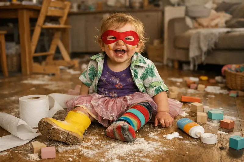 Lachendes Kleinkind mit roter Superhelden-Maske, bunte gestreifte Socken, sitzt im Chaos mit Spielzeug, Klopapier, Mehl und Bauklötzen verstreut