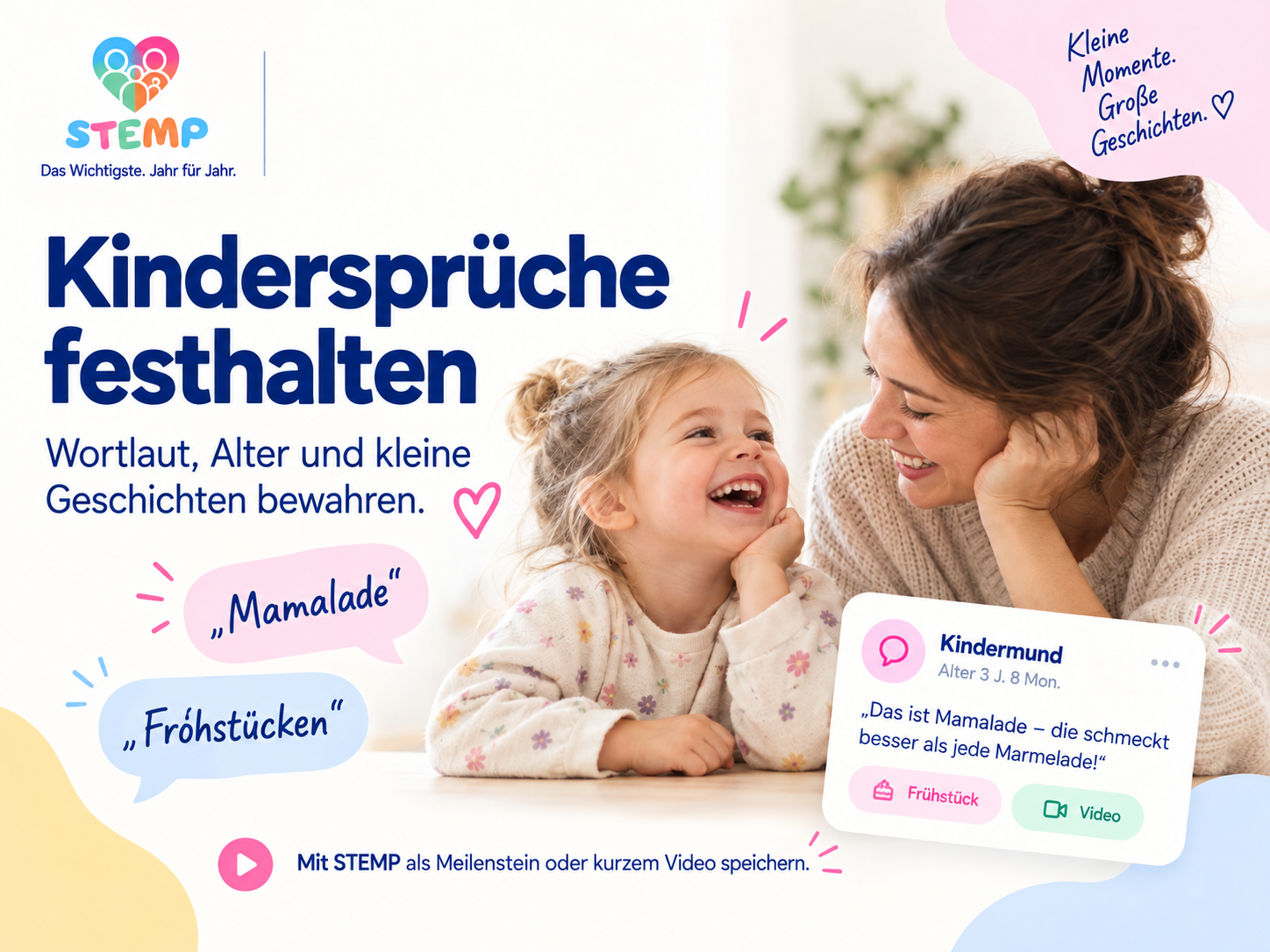 STEMP-Beitragsbild: Mutter und Kind lachen am Tisch, Kindersprüche Mamalade und Fröhstücken – Kindermund festhalten STEMP-Beitragsbild: Mutter und Kind lachen am Tisch, Kindersprüche Mamalade und Fröhstücken – Kindermund festhalten