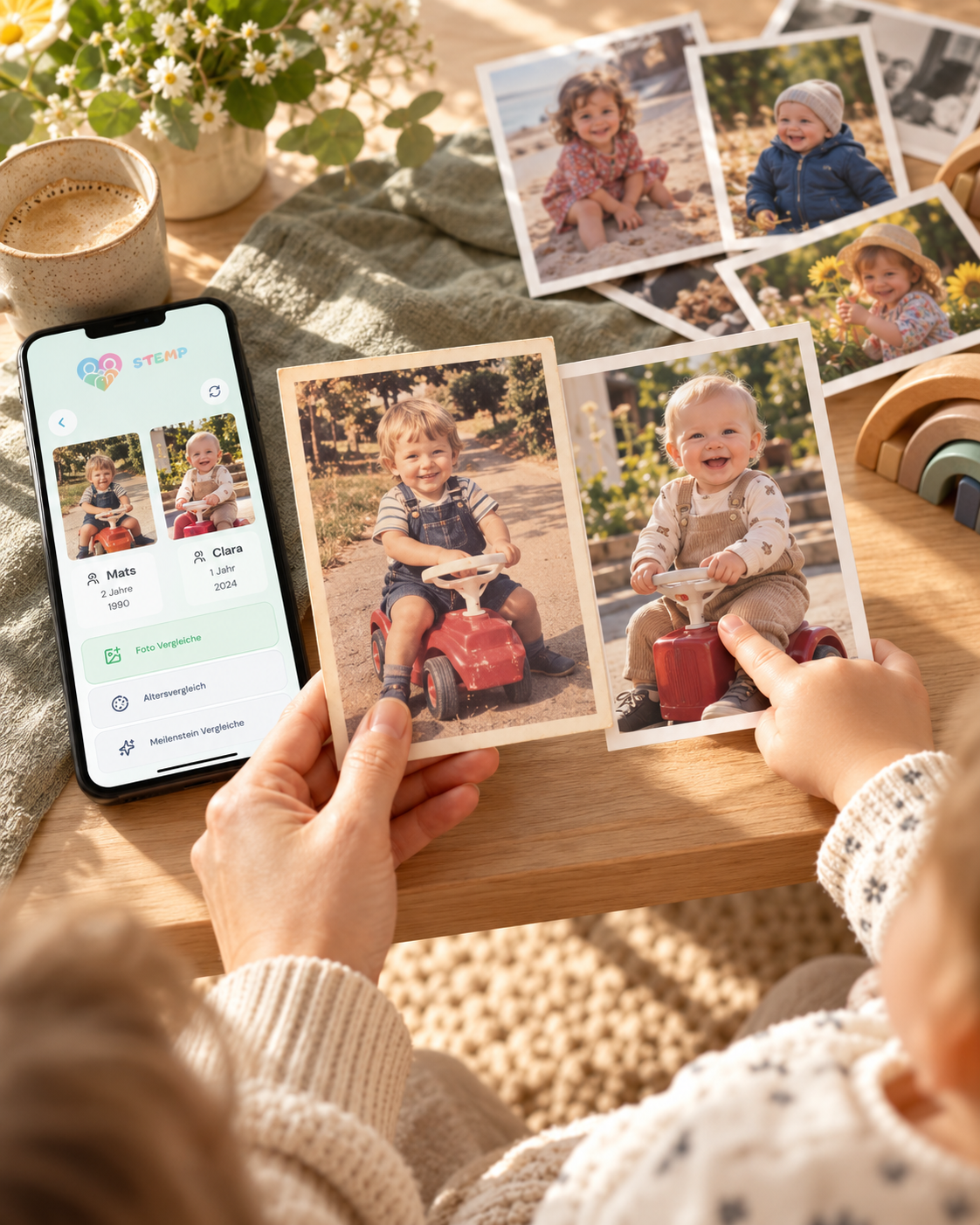Altes Kinderfoto eines Elternteils mit aktuellem Kinderfoto vergleichen – beide auf einem roten Rutschauto
