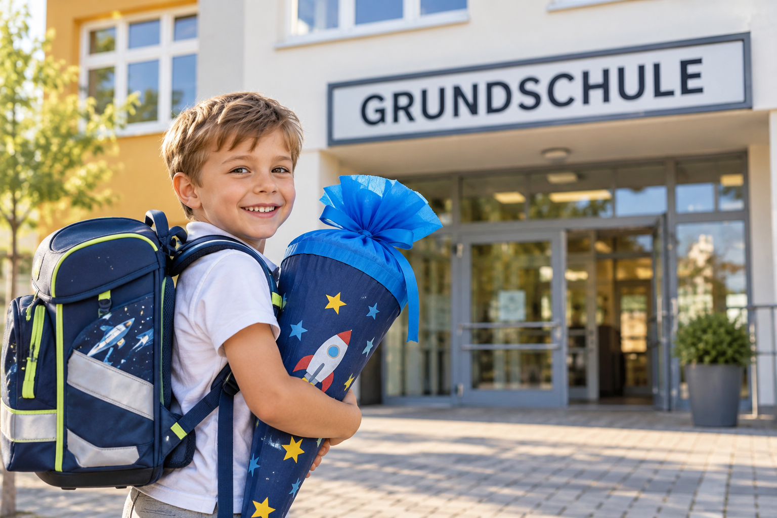 Lächelnder Junge mit Schulranzen und blauer Schultüte vor dem Eingang einer Grundschule – Meilensteine bei Kindern nach dem Babyjahr Lächelnder Junge mit Schulranzen und blauer Schultüte vor dem Eingang einer Grundschule – Meilensteine bei Kindern nach dem Babyjahr