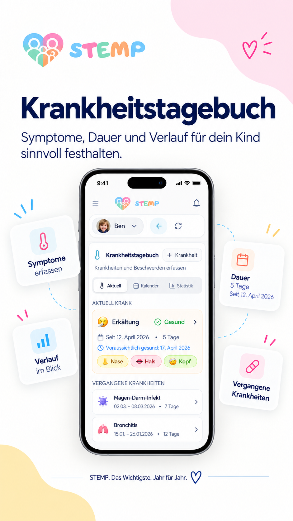 STEMP Krankheitstagebuch für Kinder mit Symptomen, Dauer und vergangenen Erkrankungen STEMP Krankheitstagebuch für Kinder mit Symptomen, Dauer und vergangenen Erkrankungen