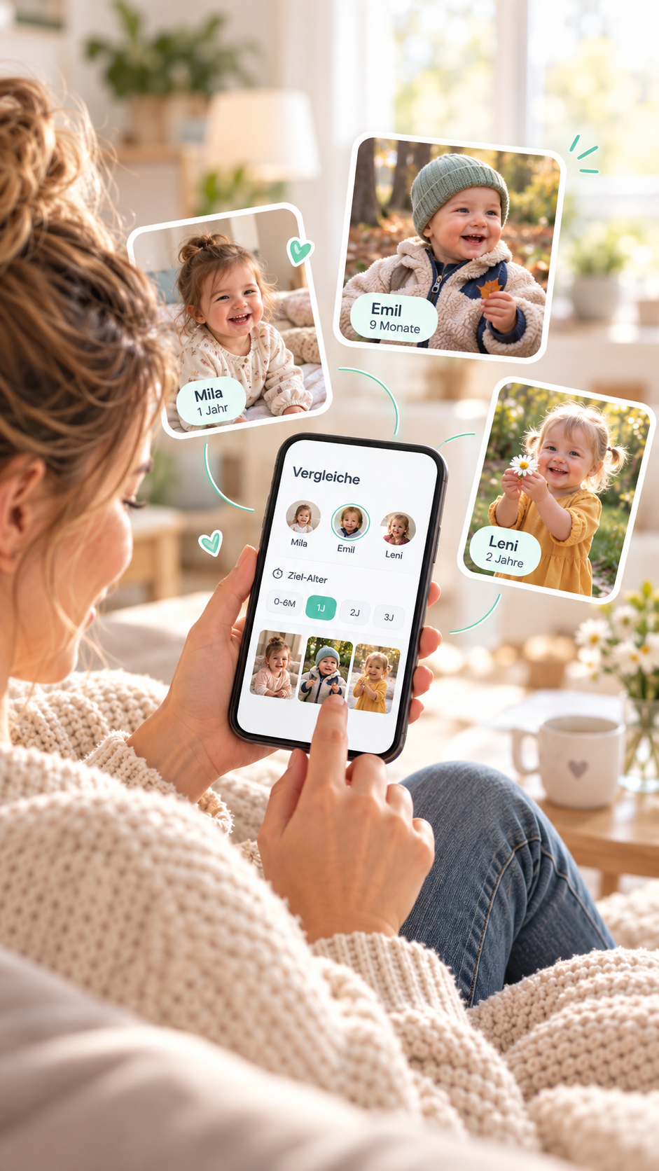 Mutter vergleicht auf dem Smartphone Kinderfotos verschiedener Familienmitglieder im gleichen Alter